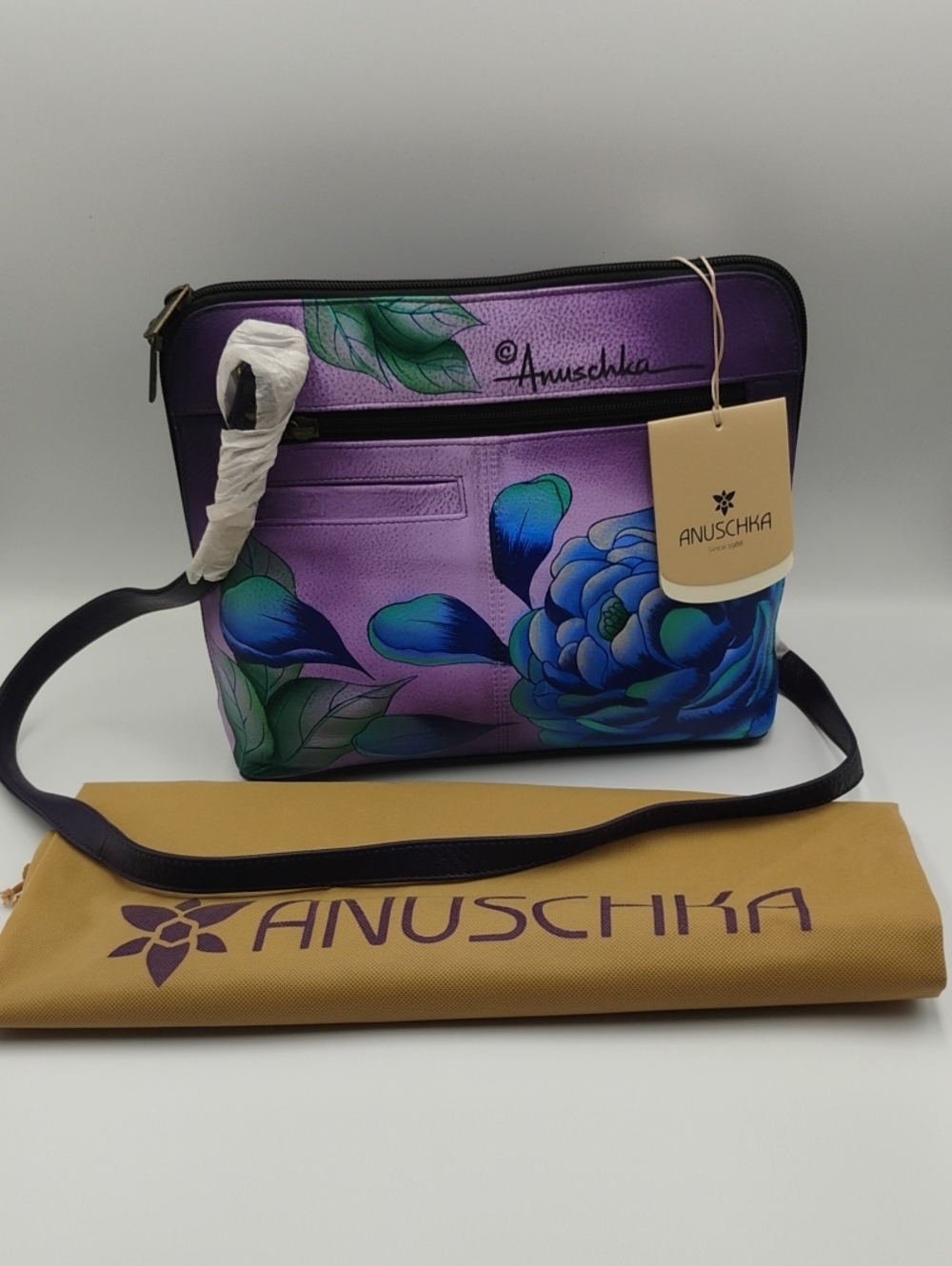 Anuschka Hand-Painted Purple Floral Crossbody with Blue ,Purple & Green Accents